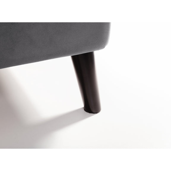 Gray upholstered chair with a dark wooden leg on a white background