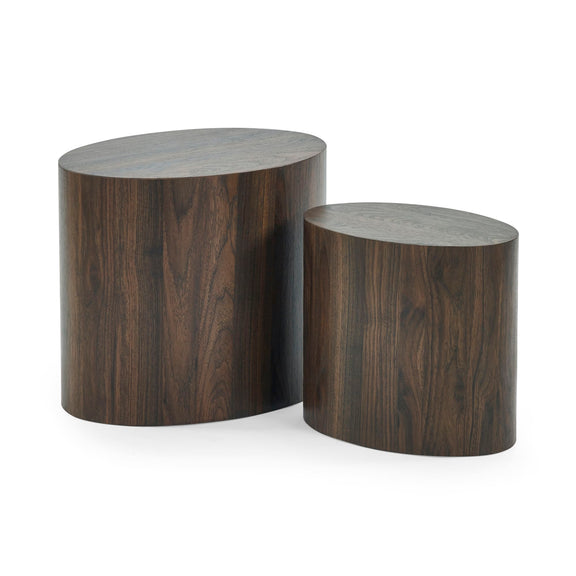 Two cylindrical wooden side tables on a white background