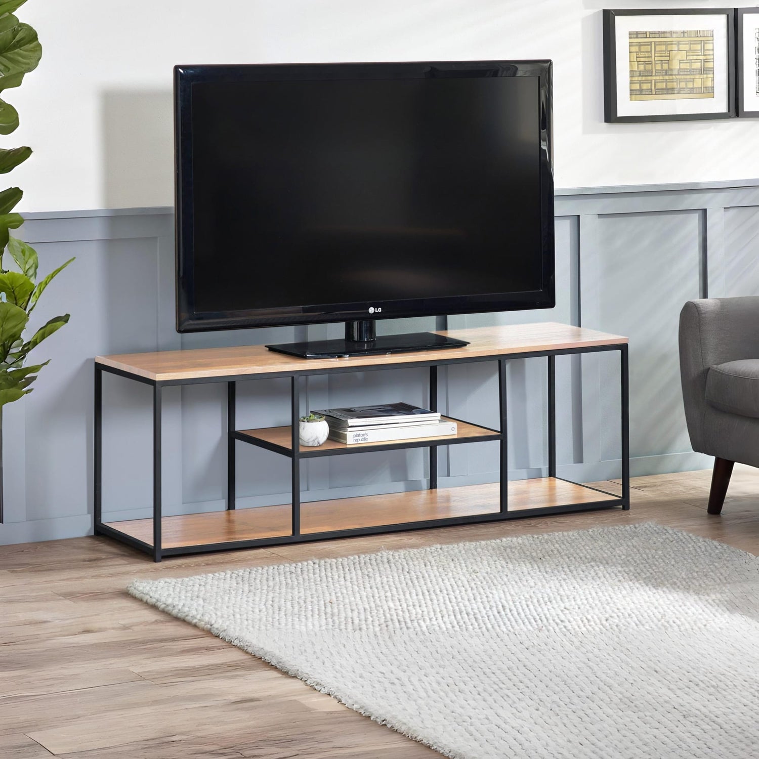 TV on a wooden stand in a living room setting with a plant and sofa.