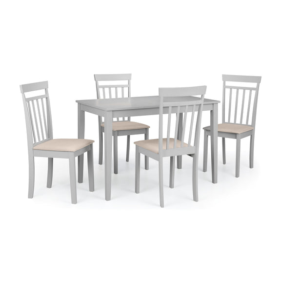 Gray dining table with four matching chairs on a white background
