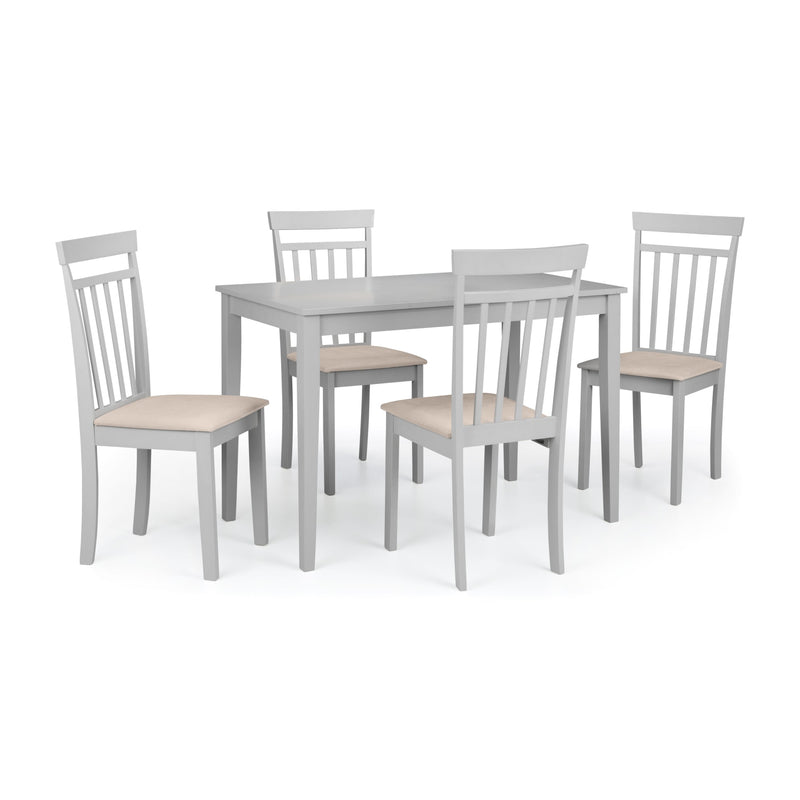 Gray dining table with four matching chairs on a white background