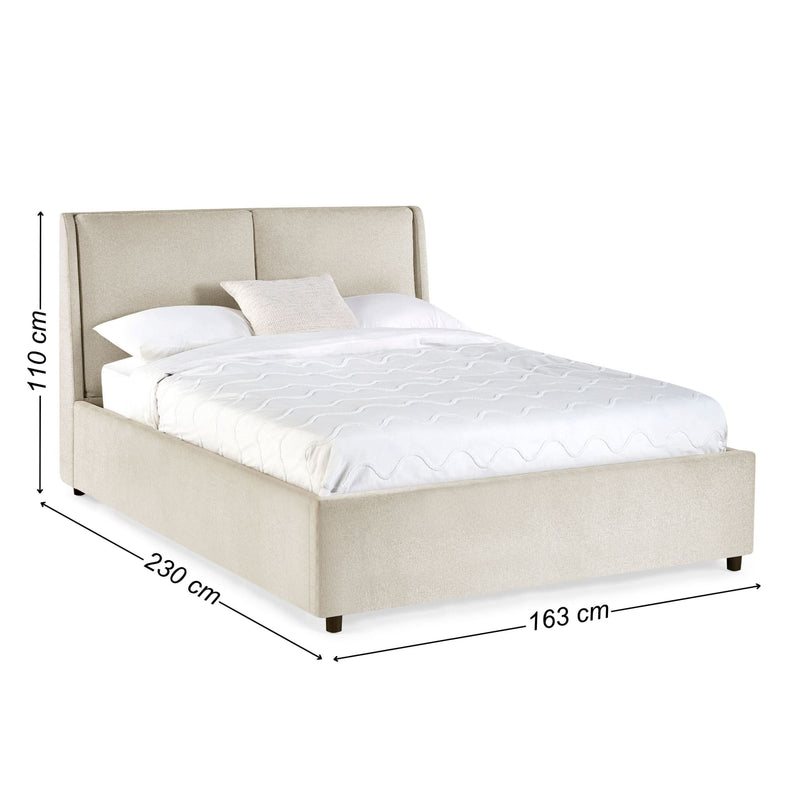 Beige upholstered bed with dimensions labeled on a white background