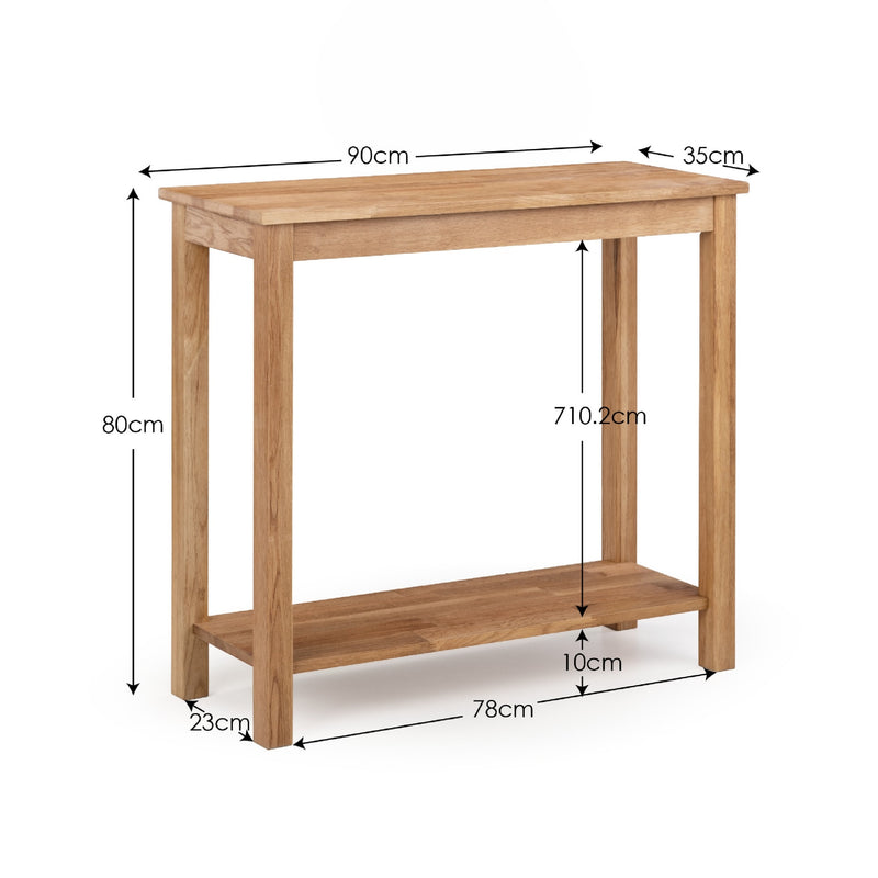 Wooden console table with dimensions labeled on a white background