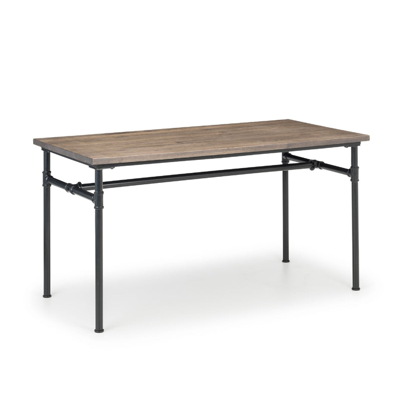 Rectangular table with wooden top and metal frame on a white background