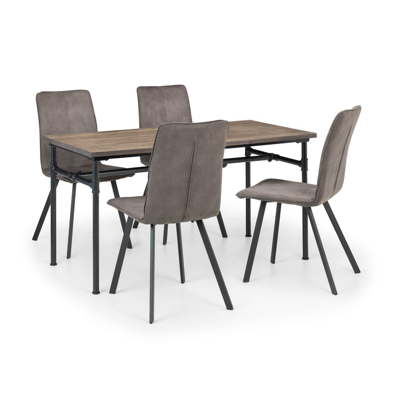 Dining table set with four chairs on a white background