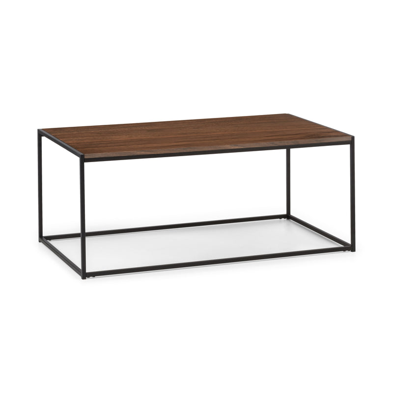 Wooden coffee table with metal frame on a white background