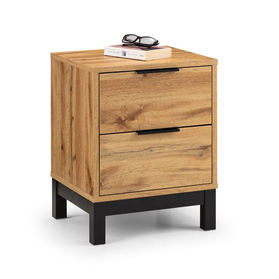 Wooden nightstand with two drawers on a white background