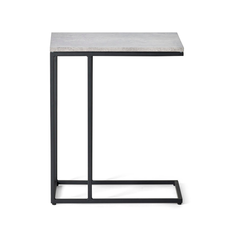 Small side table with marble top and black metal frame on a white background