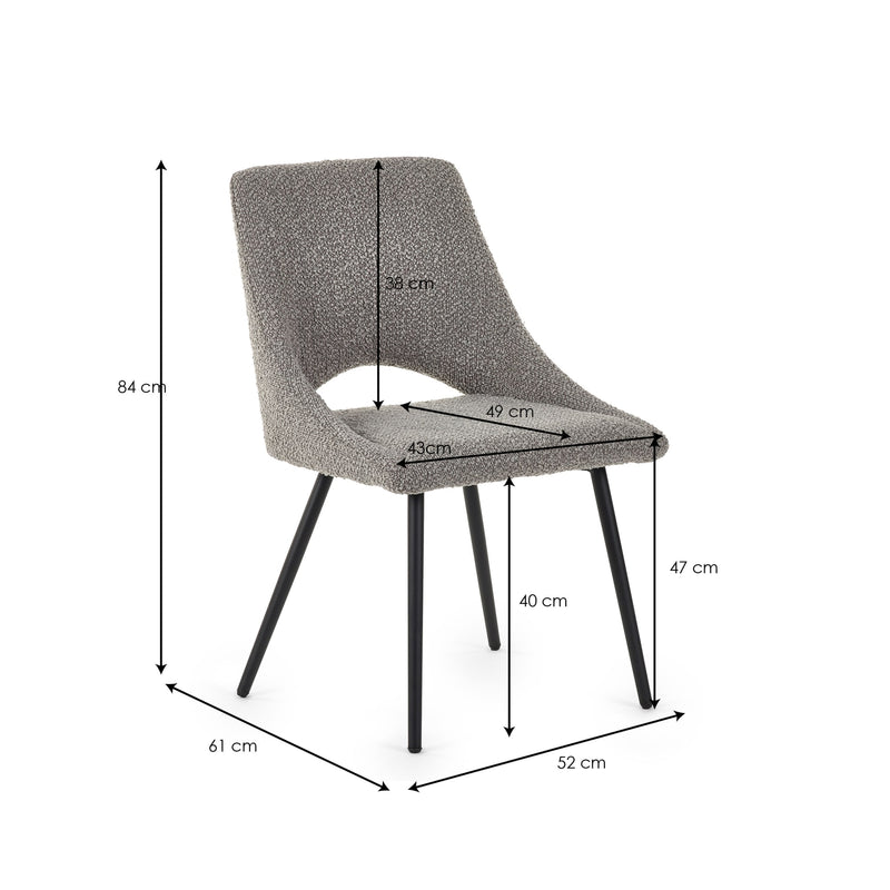 Gray chair with black legs and dimensions labeled on a white background
