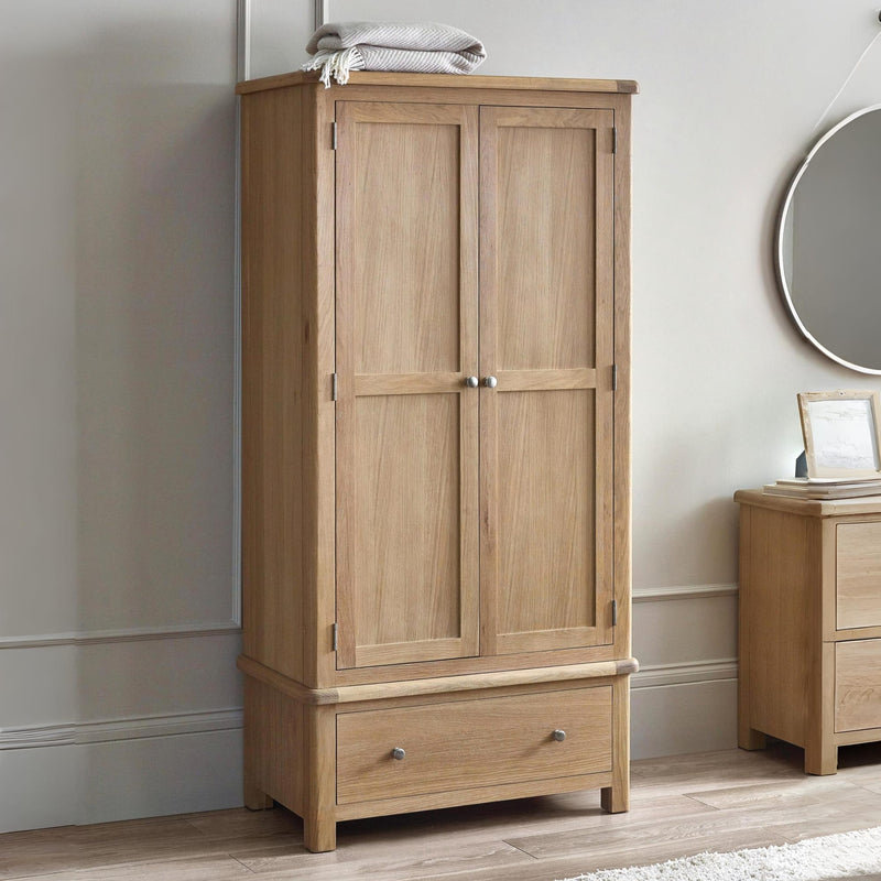 Wooden wardrobe with a drawer in a room setting