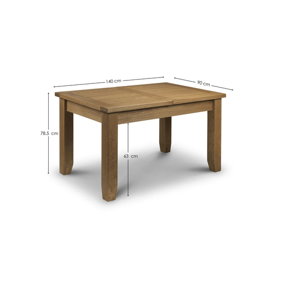 Wooden dining table with dimensions labeled on a white background
