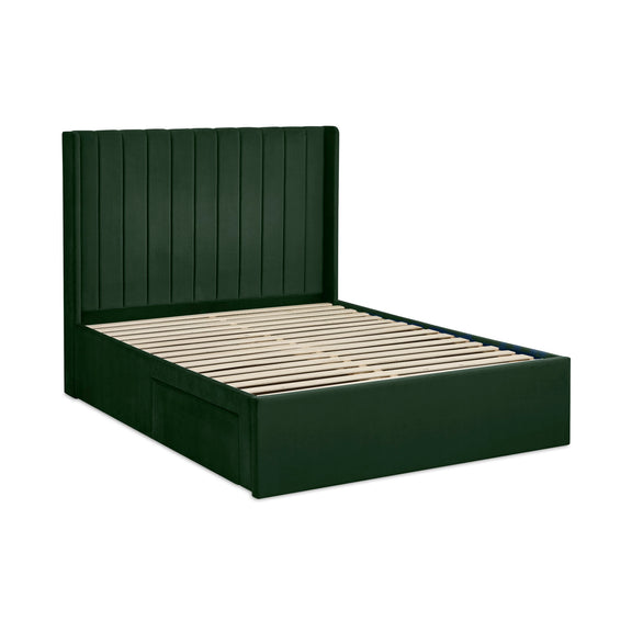 Navy blue bed frame with wooden slats on a white background
