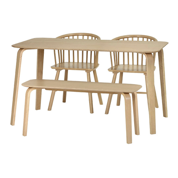 Beige dining table with two chairs and a bench on a white background