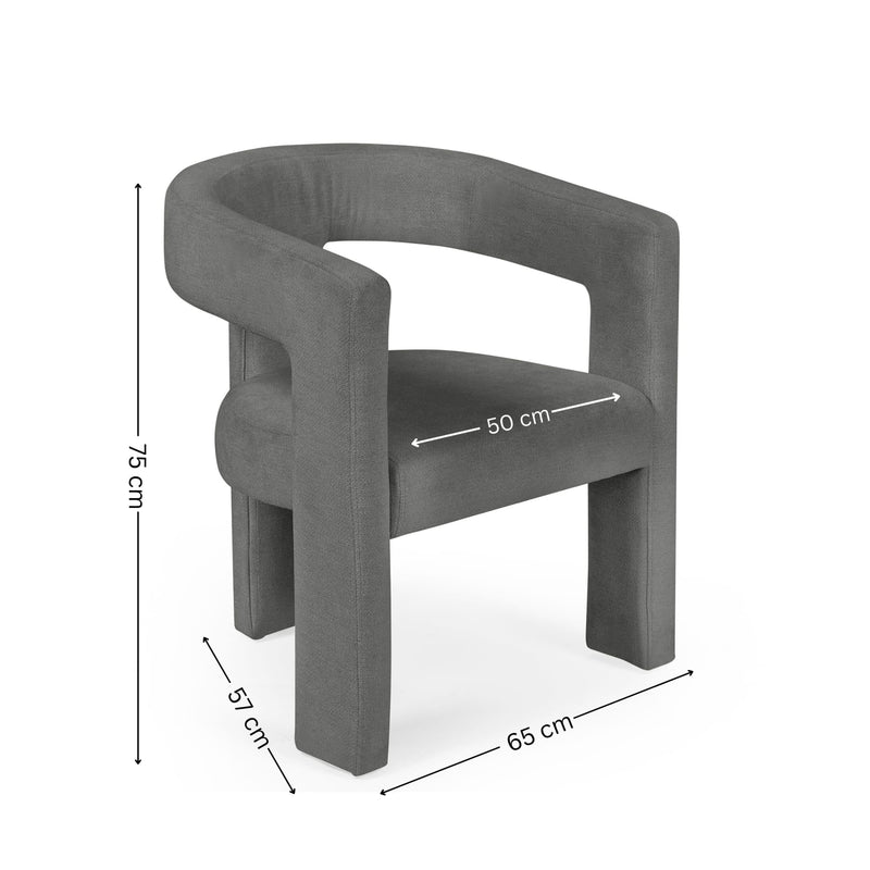 Gray chair with dimensions marked on a white background