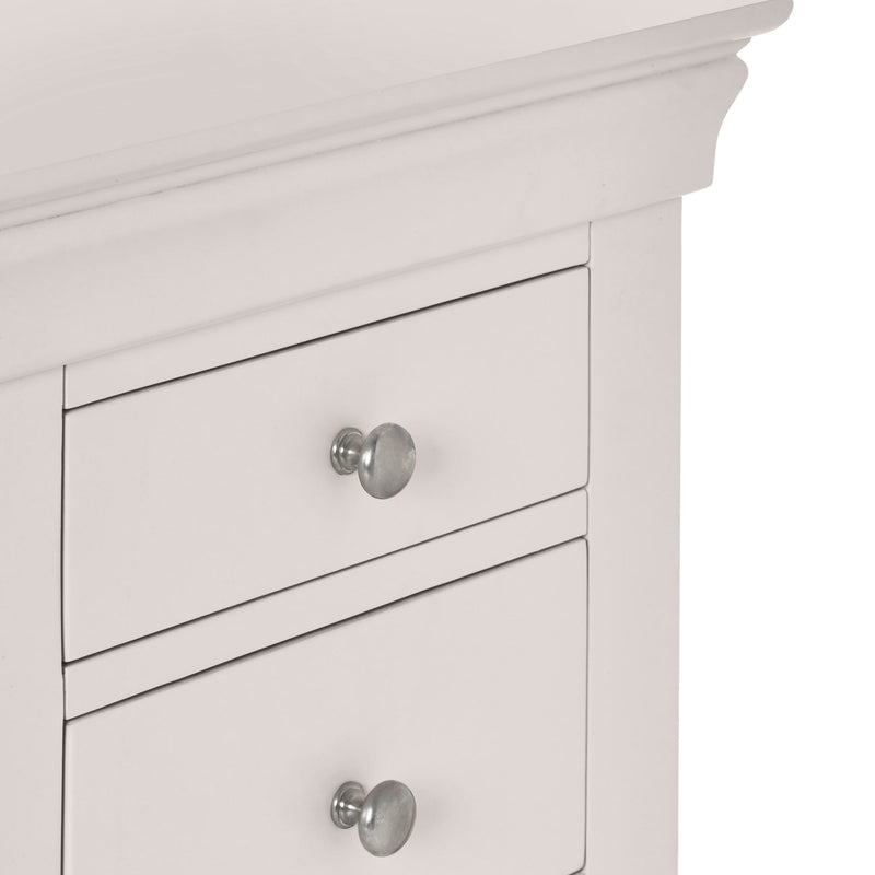 Close-up of a white cabinet with silver knobs on a white background