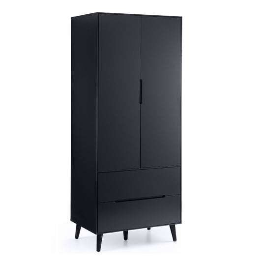 Black wardrobe with two doors and a drawer on a white background
