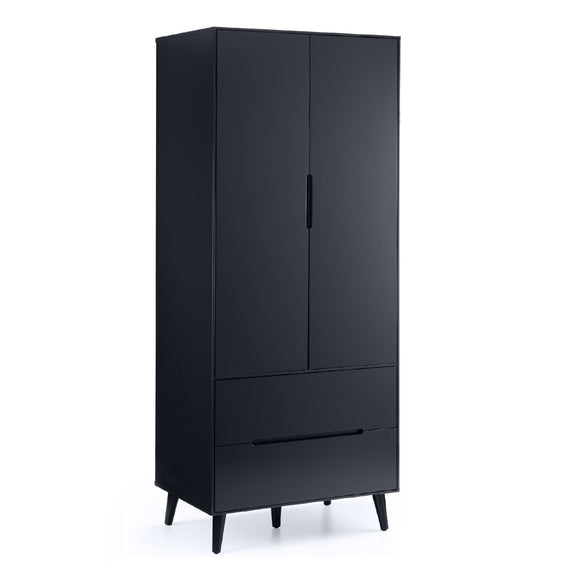 Black wardrobe with two doors and a drawer on a white background