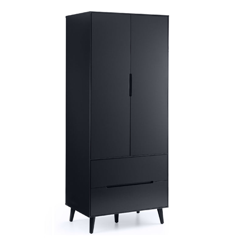 Black wardrobe with two doors and a drawer on a white background