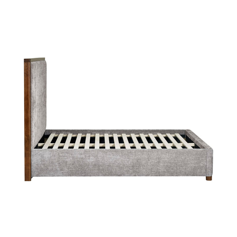 Gray upholstered bed frame with wooden accents on a white background