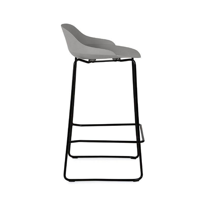 Bar stool with gray seat and black metal frame on a white background