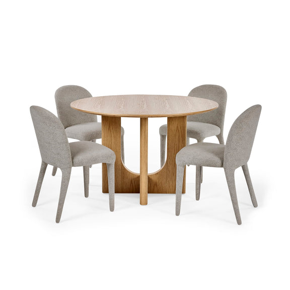 Round dining table with four gray chairs on a white background