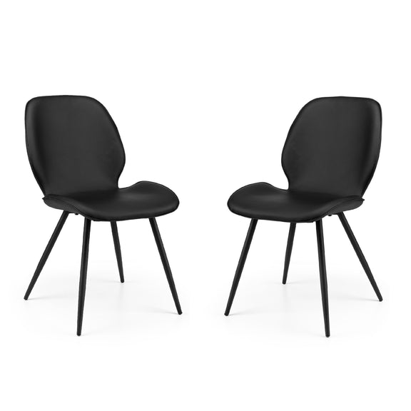 Two black chairs with black legs on a white background