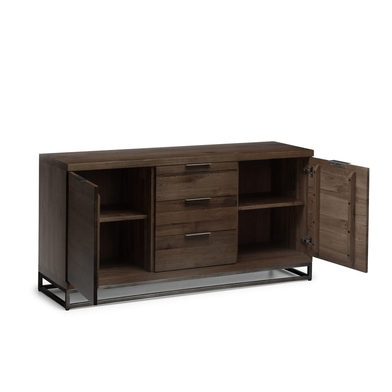 Wooden sideboard with open doors on a white background
