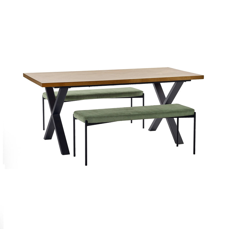 Wooden table with two green benches on a white background