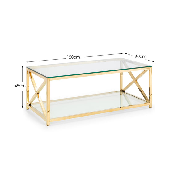 Gold coffee table with clear glass top and shelf, dimensions indicated.