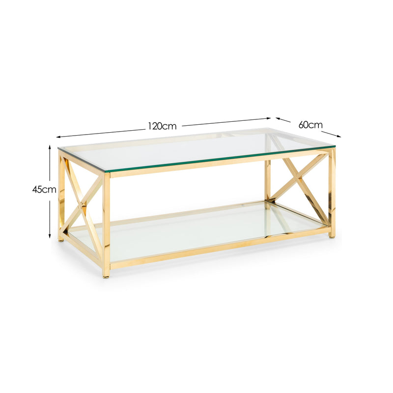 Gold coffee table with clear glass top and shelf, dimensions indicated.