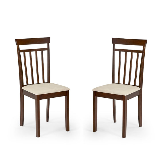 Two wooden chairs with cream cushions on a white background
