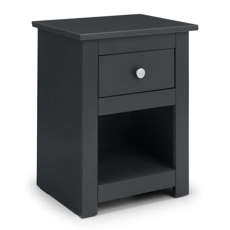 Black nightstand with a drawer on a white background