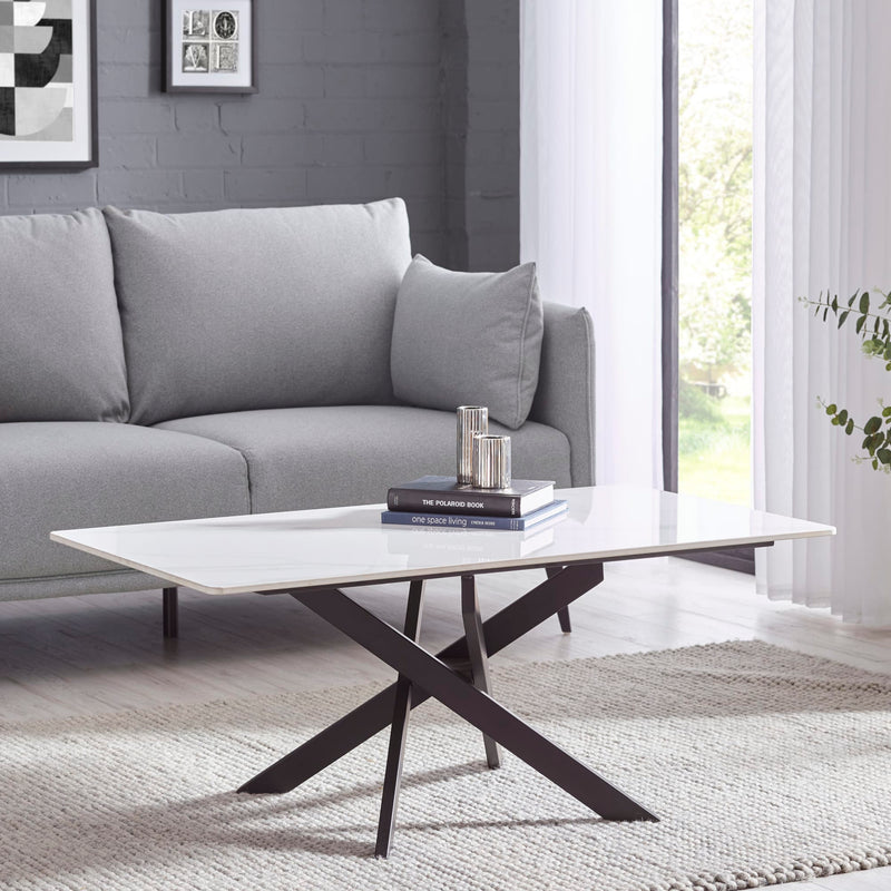 Modern living room with a gray sofa and a coffee table.
