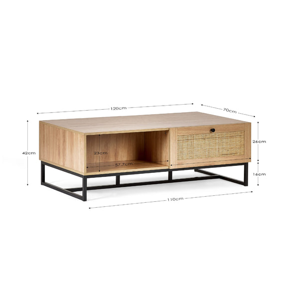 Wooden TV stand with dimensions on a white background