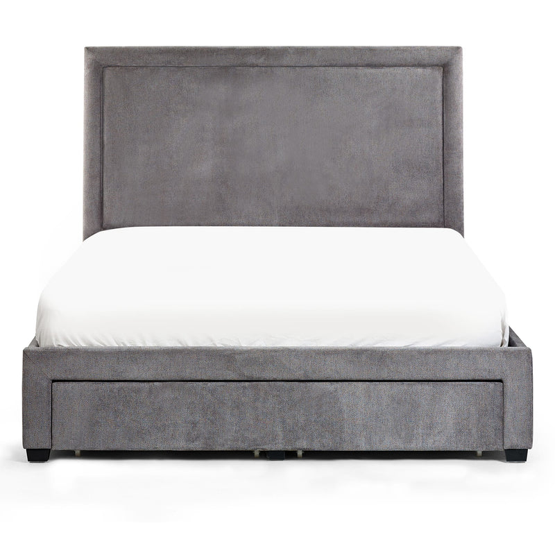 Gray upholstered bed with white mattress on a white background