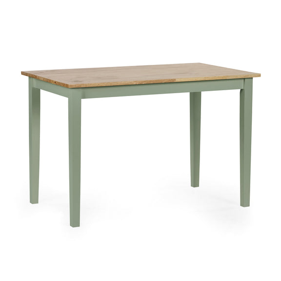 Dining table with wooden top and green base on a white background
