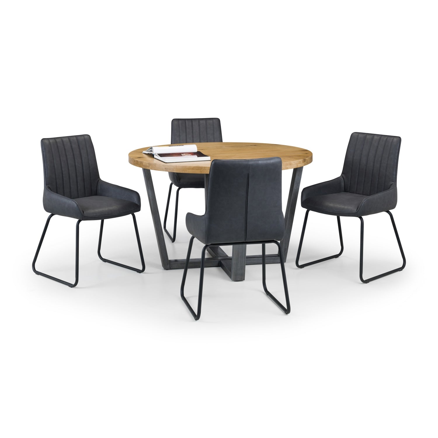 Round wooden table with four black chairs on a white background