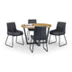 Round wooden table with four black chairs on a white background