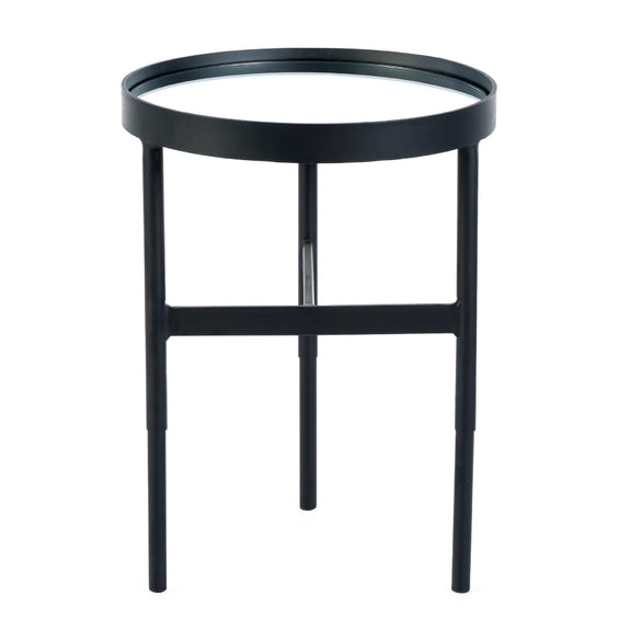 Black side table with round top on a white background