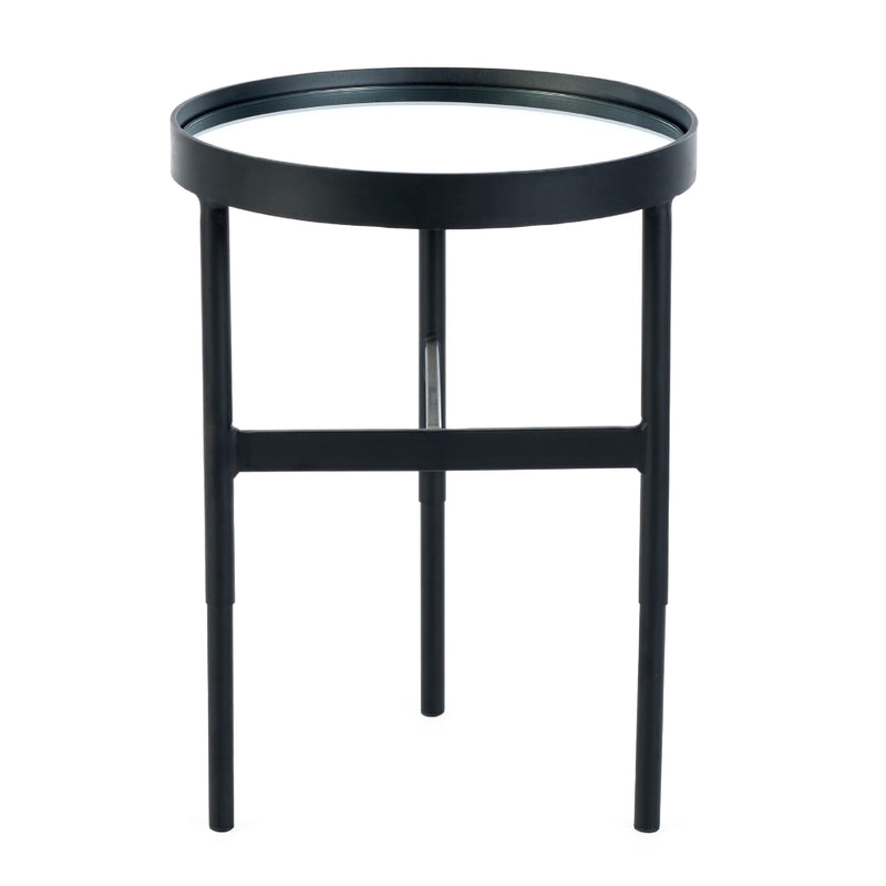Black side table with round top on a white background