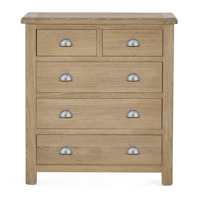 Wooden dresser with five drawers and metal handles on a white background