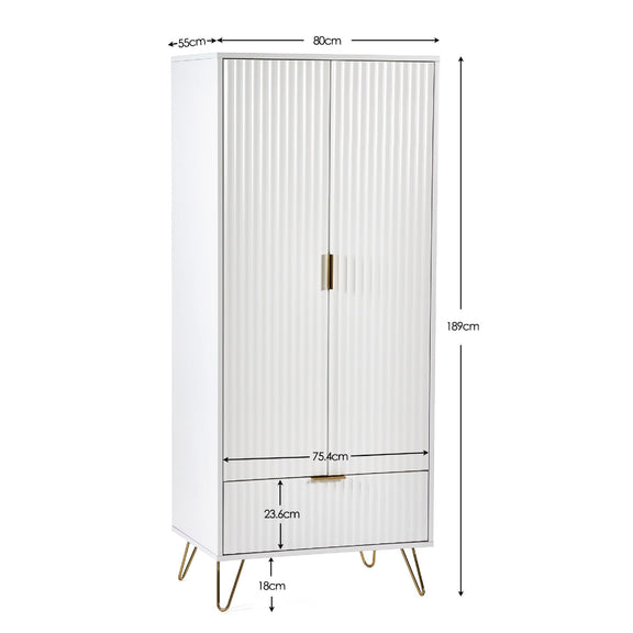 White cabinet with gold legs and handles, shown with dimensions on a white background