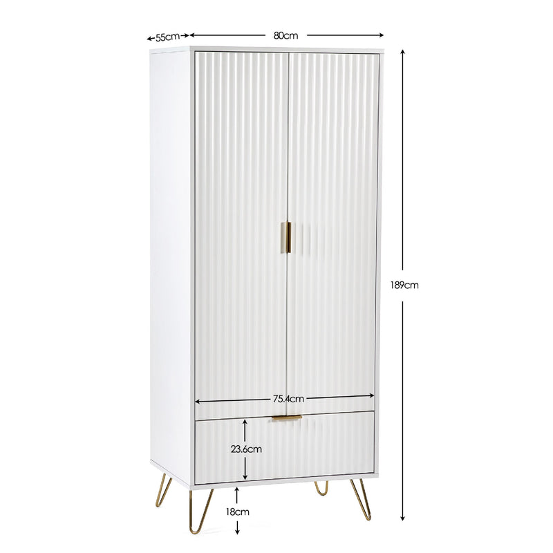 White cabinet with gold legs and handles, shown with dimensions on a white background