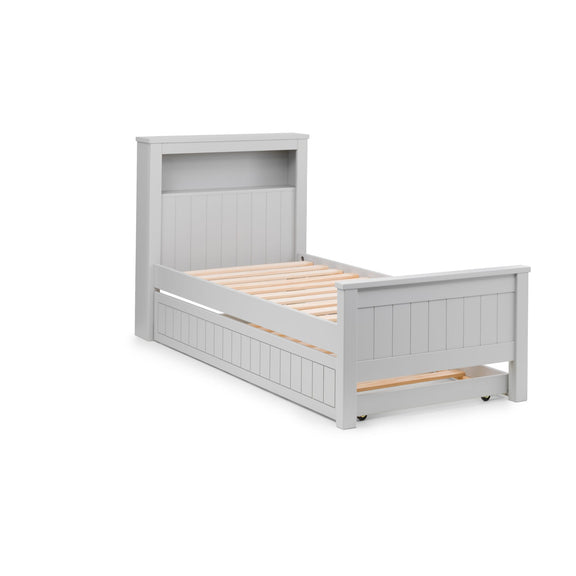White wooden bed frame with slatted design on a white background