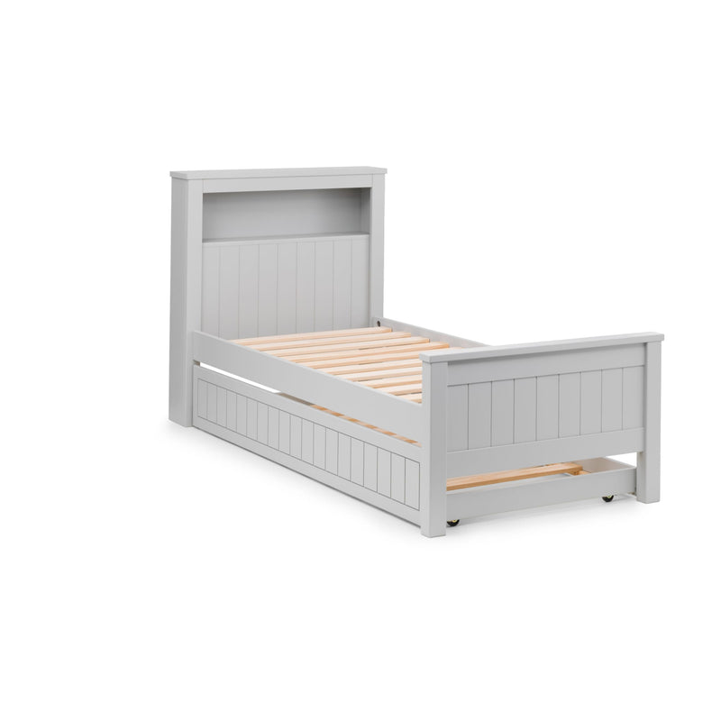 White wooden bed frame with slatted design on a white background