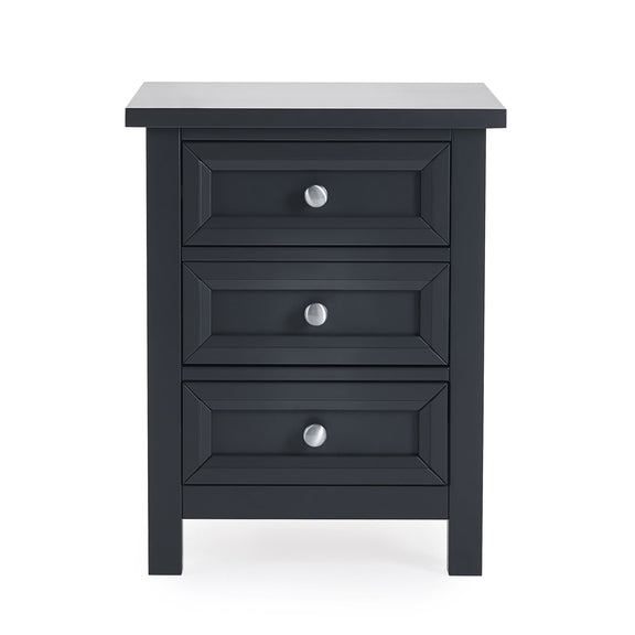 Black nightstand with three drawers on a white background