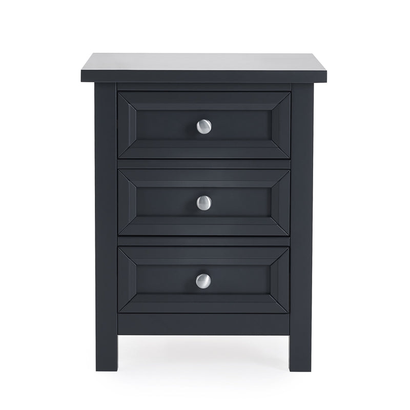 Black nightstand with three drawers on a white background
