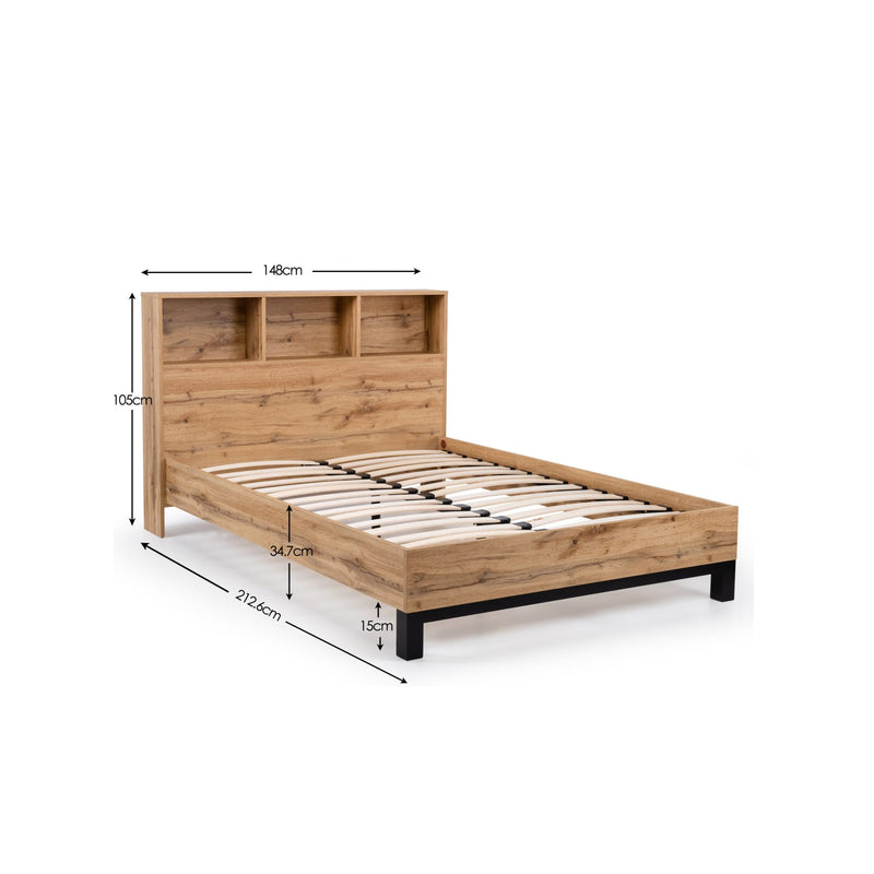 Wooden bed frame with dimensions on a white background