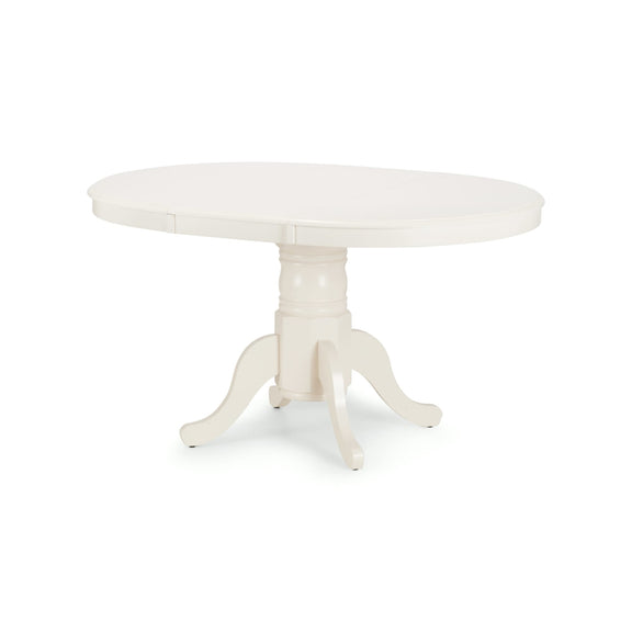 Round white table with a pedestal base on a white background