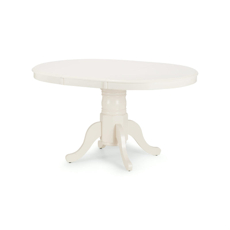 Round white table with a pedestal base on a white background